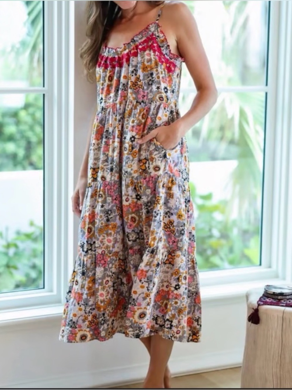 Natural Life Avery Boho Floral Midi Sundress, Pink Embroidered Trim, & Pockets! - Picture 8 of 15